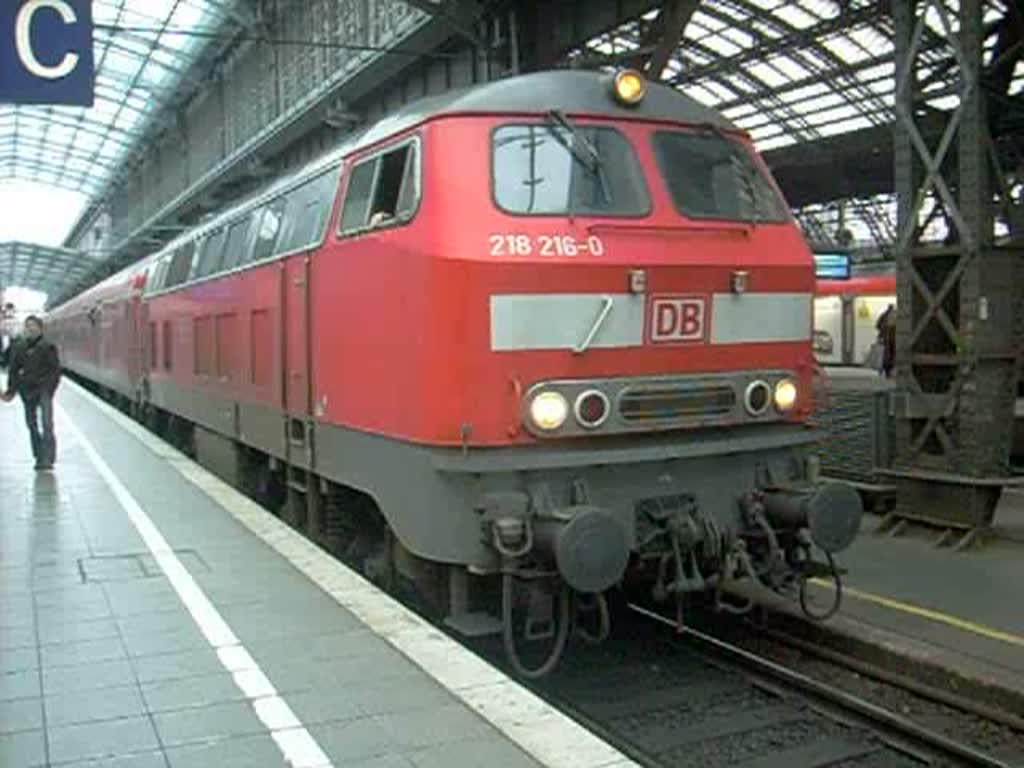 218 216 verlsst mit dem RE 12 den Klner Hauptbahnhof in Richtung Kln- Deutz. 27.12.2007, 14.40 Uhr