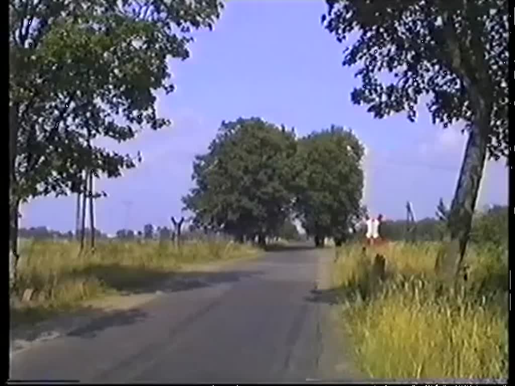 Bahnbergang in der Altmark auf der Strecke Wittenberge - Salzwedel mit Ferkeltaxe und Trabbi am 19. August 1990.