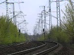 BR 151 Zwei 151er ziehen einen schweren G�terzug durch die Wuhlheide. Man sieht das Flimmern �ber den erw�rmten Gleisen, die Sonne ist jedoch gerade weg. 27.4.2008