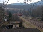 Ein RE aus Bayreuth und Hof erreicht den Endbahnhof Saalfeld (Saale). (09.02.2009)