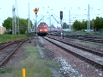 110 497-5 mit DZ2681 von Potsdam nach Warnemnde bei der Einfahrt im Bahnhof Warnemnde um 21:05 Uhr.(09.05.2011)