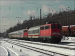 110 432 bei der berfhrung von Reisezugwagen in Richtung Dortmund am 6. Februar 2013 in Hhe des Ablaufbergs des Bahnhofs Bochum Sd. Es handelt sich um eine der letzten Einstze der Lok, die am 12. Februar 2013 Fristaublauf hat und anschlieend verschrottet werden soll.