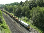 ECR 247 mit Schotterzug wechselt am 7. Juli 2012 in Bochum von der Strecke der Bergisch-Mrkischen Bahn auf die der Rheinsichen Bahn.