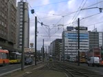 Zwei Straßenbahnen (GT6N) begegnen sich am Alexanderplatz in der Karl-Liebknecht-Straße. 25.2.2012
