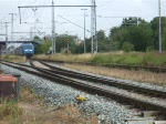 145 023-6 der Firma Eisenbahn-Bau- und Betriebsgesellschaft Pressnitztalbahn GmbH(PRESS)mit DGS39949 von Rostock-Bramow nach Stendal-Niedergrne bei der Ausfahrt um 08.45 Uhr im Bahnhof