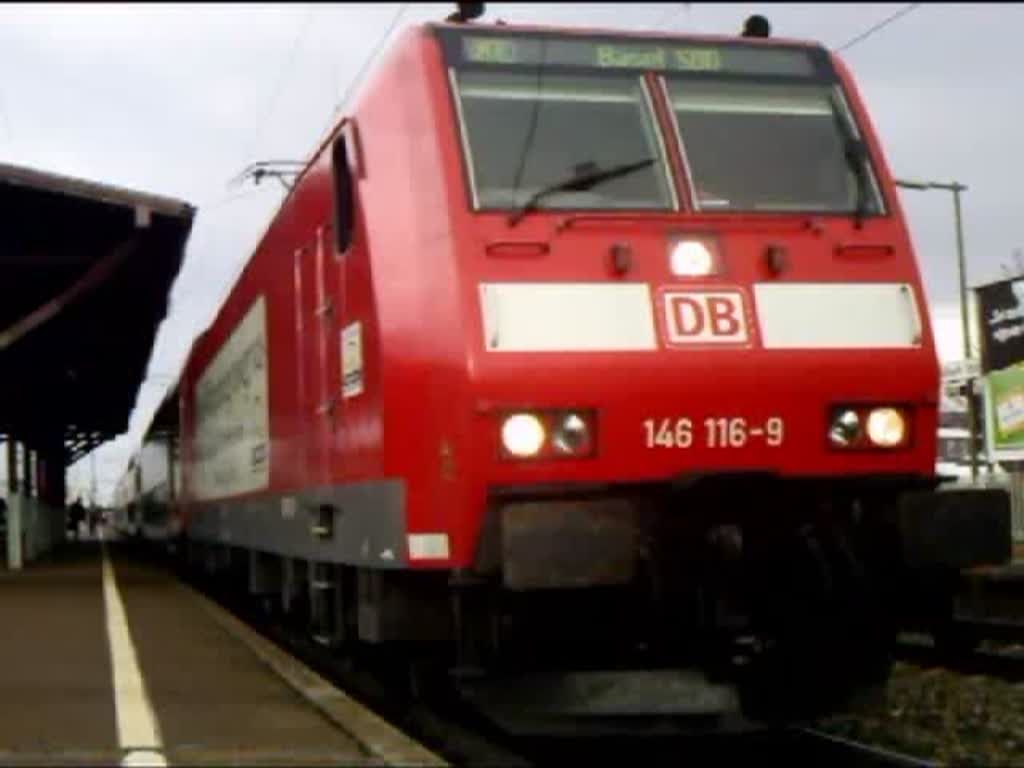 146 116-9 fhrt mit RE Offenburg - Basel Bad Bf aus Mllheim(Baden) aus.