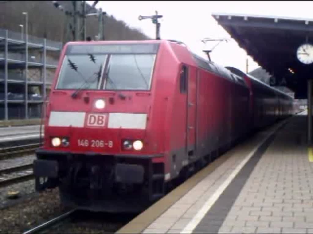146 206-8 mit RE 19642 Singen(Htw) - Stuttgart Hbf bei der Ausfahrt aus Horb am Neckar. 02.03.08