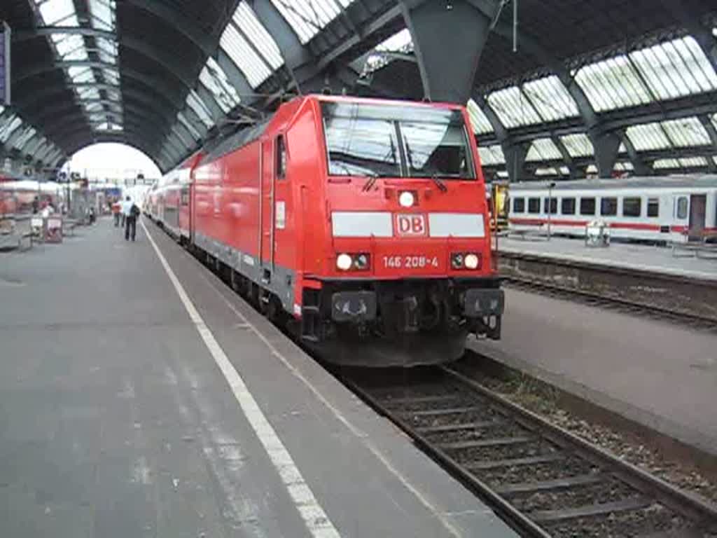 146 208-4 fhrt mit einem Regionalzug in Richtung Stuttgart aus, Karlsruhe HBF am 28. August 2008.
