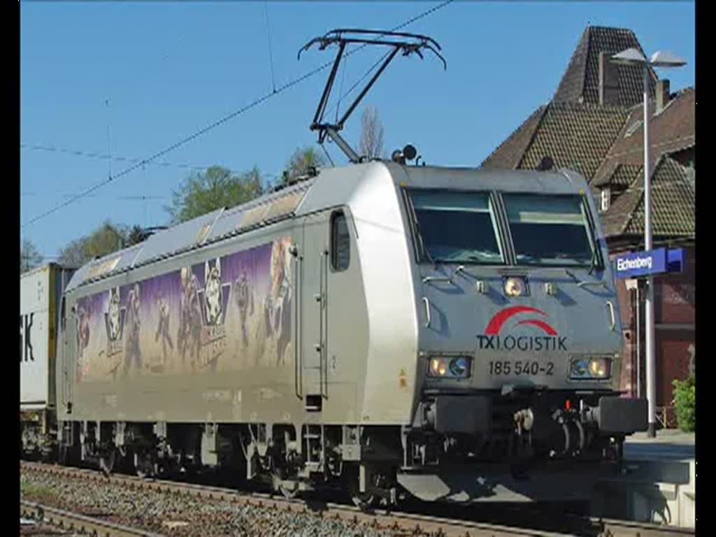 185 540-2 bei der Einfahrt und Signalhalt in Eichenberg in Fahrtrichtung Norden. Aufgenommen am 17.04.2010.