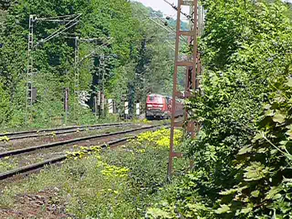 225 028-0 und 225 029-8 ziehen einen gemischten Gterzug die Steigung hoch von Aachen-West kommend in Richtung belgische Grenze und Montzen. Die Abgaswolke ber den Loks lsst erkennen, wie schwer sie auf diesem Stck arbeiten mssen. Aufgenommen am 10/05/2008.