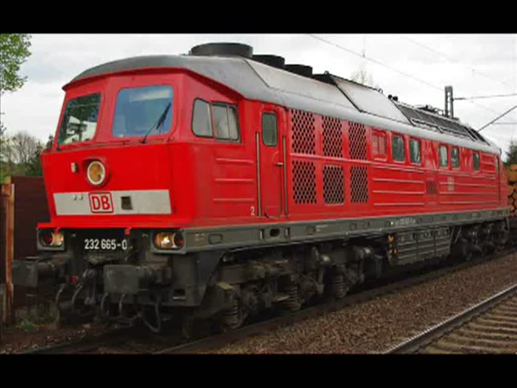 232 665-0 fhrt mit einem Holzzug in Richtung Bebra durch Ronshausen. Aufgenommen am 30.04.2010.