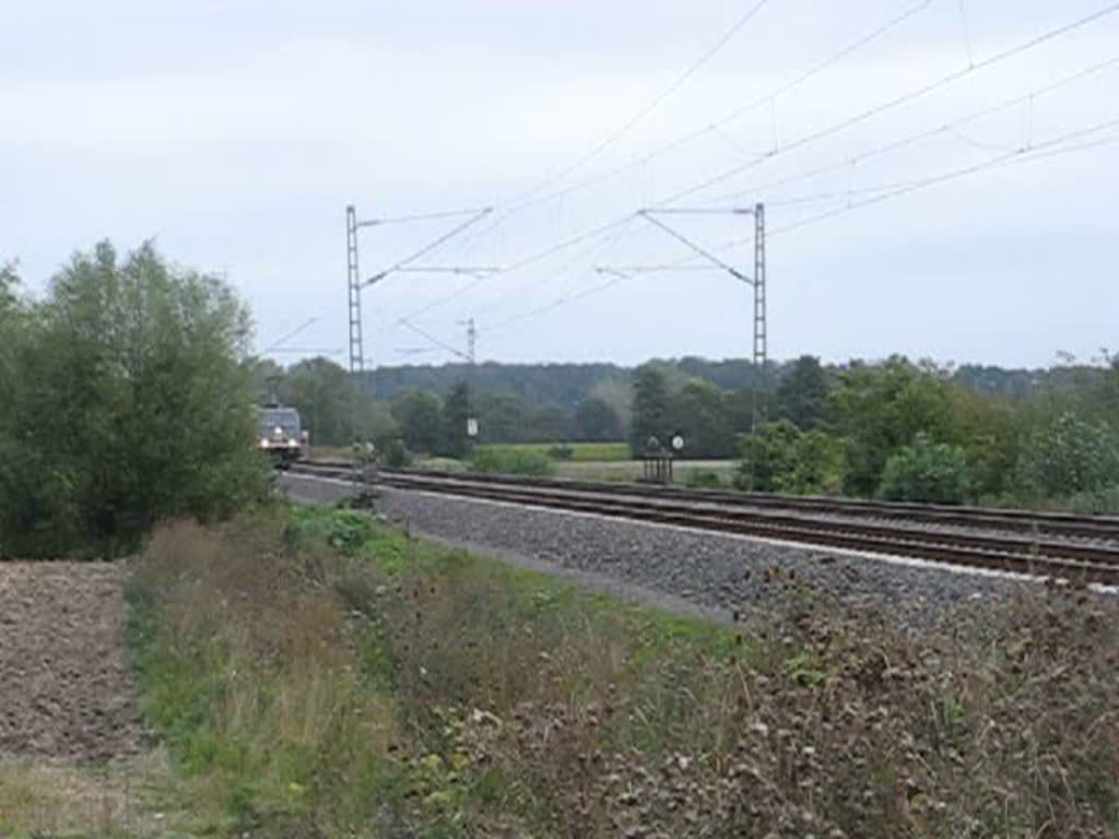 241 001 von Hectorrail mit Container und Auflieger zwischen Mnster und Dlmen, am 09.09.2009; da es whrend des Drehs sehr windig war, wackelt alles ein wenig-bitte das zu entschuldigen