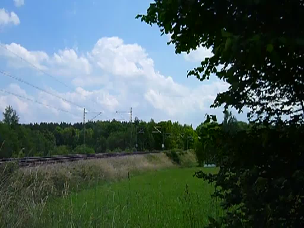 421 385 mit Schublok 295 088 sind am 18.06.14 mit einem Container in Oberjößnitz zusehen. 