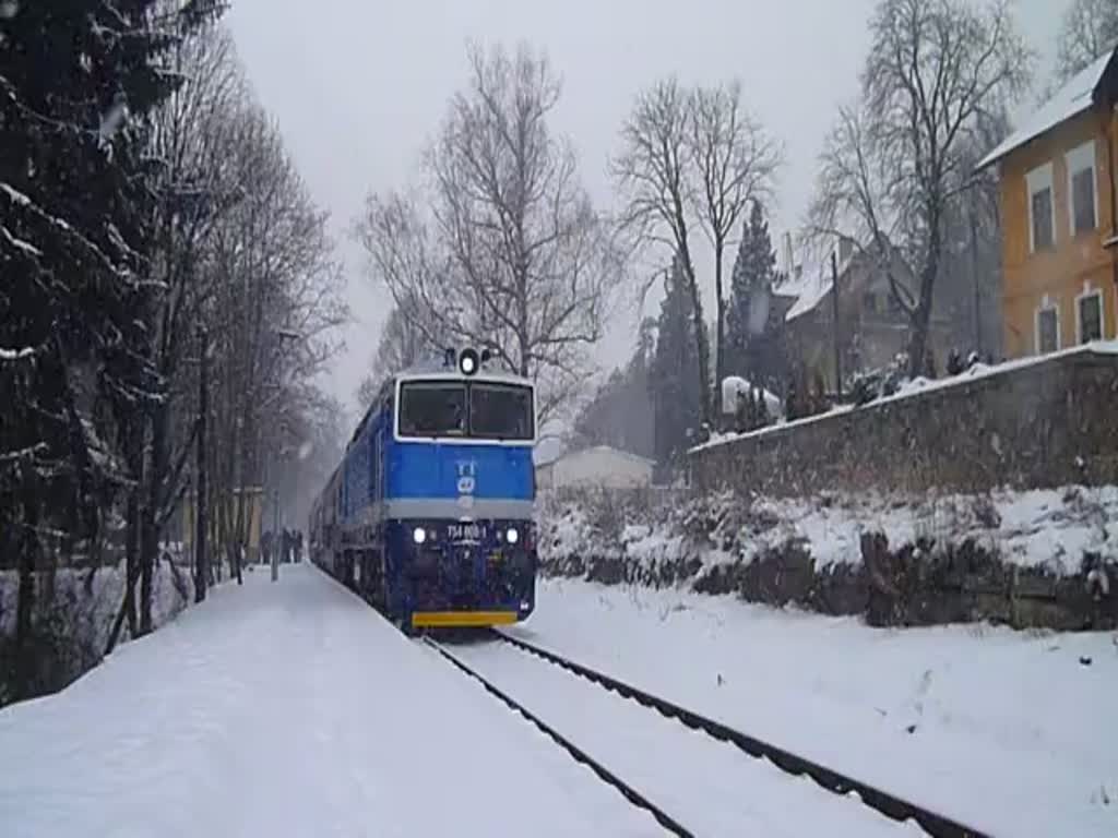 754 008-1 verlässt am 23.01.16 Prosečnice mit dem OS 9055 von Praha-Vršovice nach Čerčany. 	