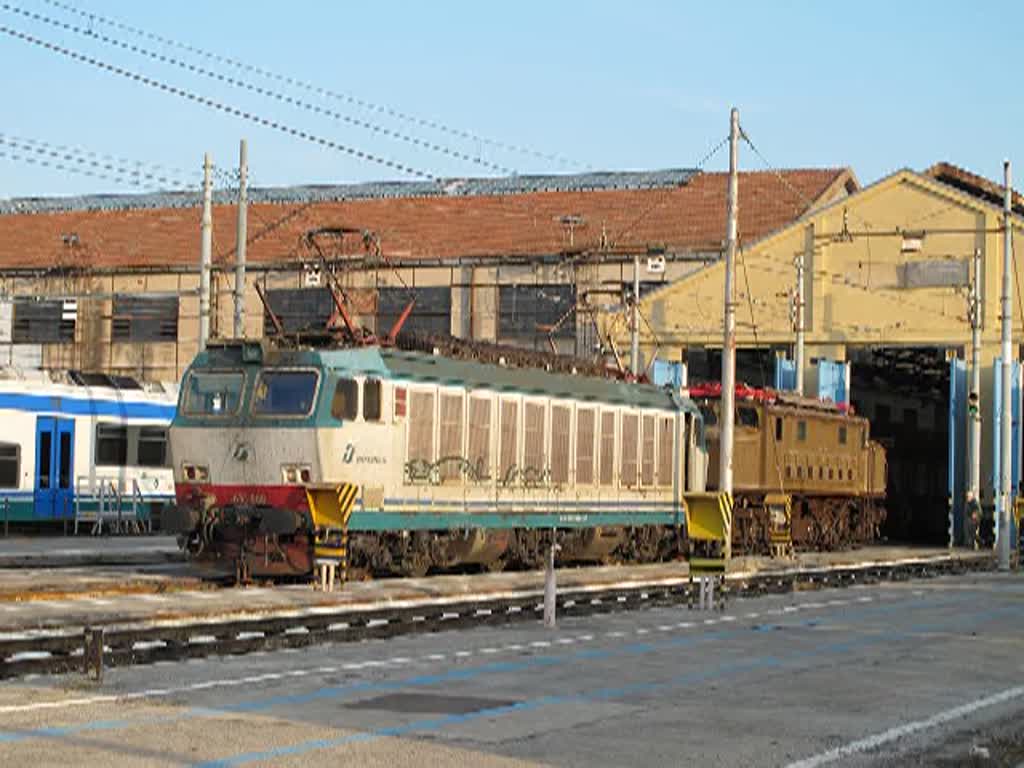 Anllich einer Besichtigung der im Depot von Palermo hinterstellten historischen Fahrzeuge durch eine Reisegruppe der DGEG am 23. Oktober 2013 verschiebt die E 633 088 die E 626 428.