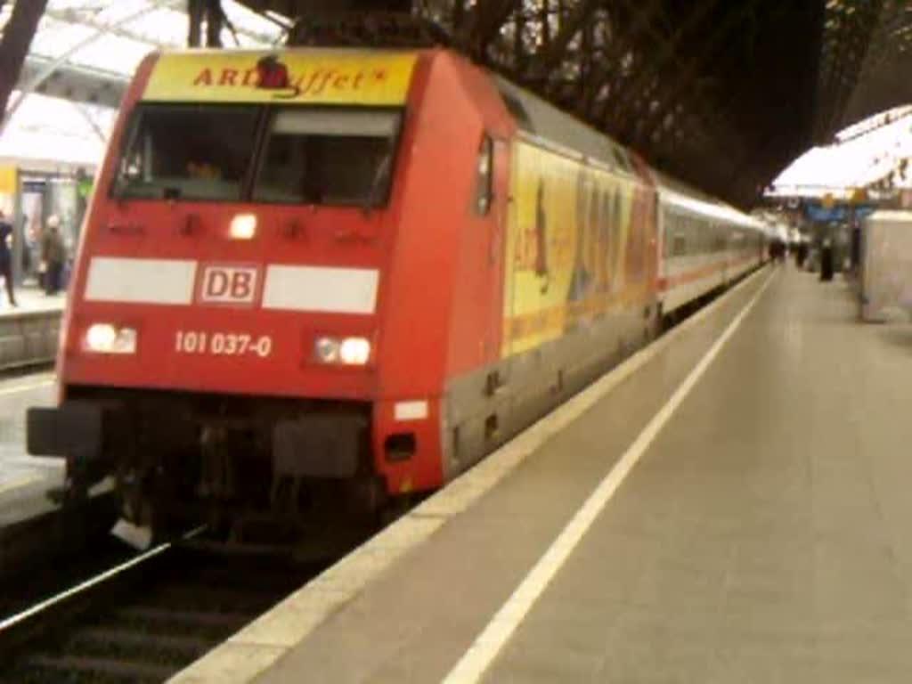 Ausfahrt von 101 037  ARD Buffet  mit IC 2013 Leipzig Hbf - Oberstdorf aus Kln Hbf. 27.03.08