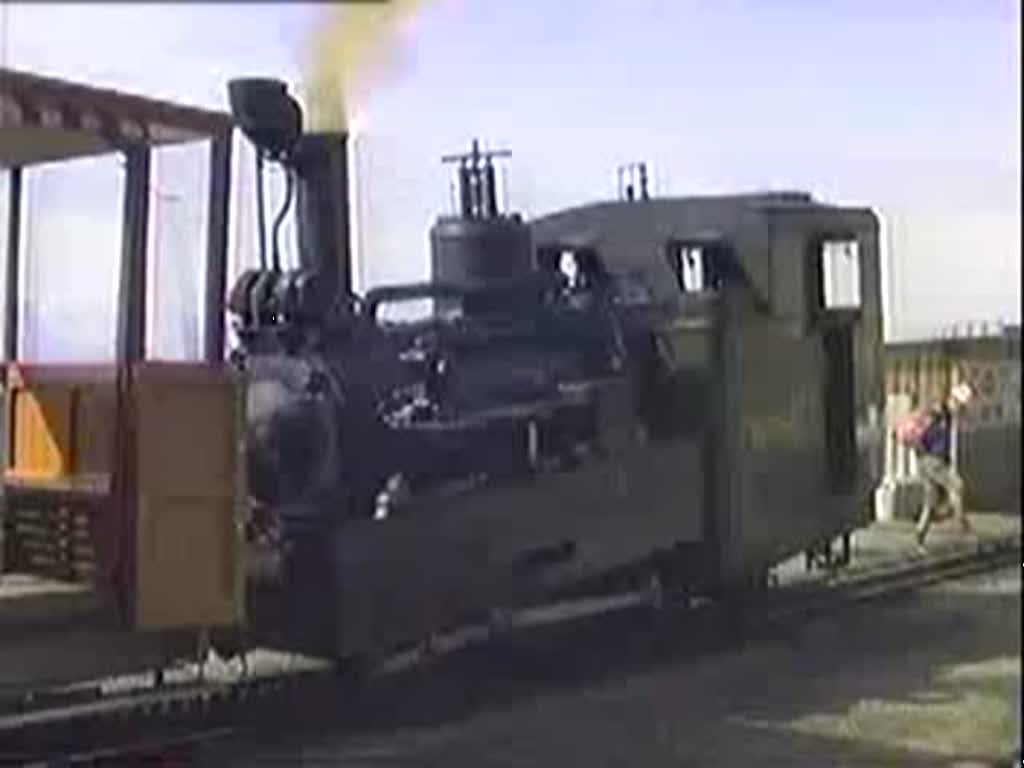 Beobachtung eines bergwrts fahrenden Dampfzuges der Brienz-Rothorn-Bahn im oberen Streckenabschnitt am 7. September 1993 von der Bergstation Rothorn Kulm aus.