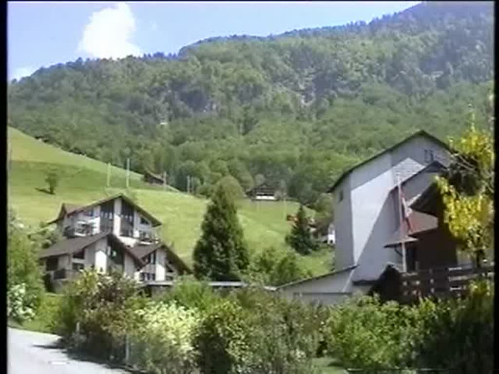 Berner Oberland 2004 (VHS-Archiv) - Bei Giswil ist am 29.05.2004 ein Regionalzug der SBB Brnig auf dem Weg nach Luzern. Die Talfahrt wurde von der Brnigstrae aufgenommen.