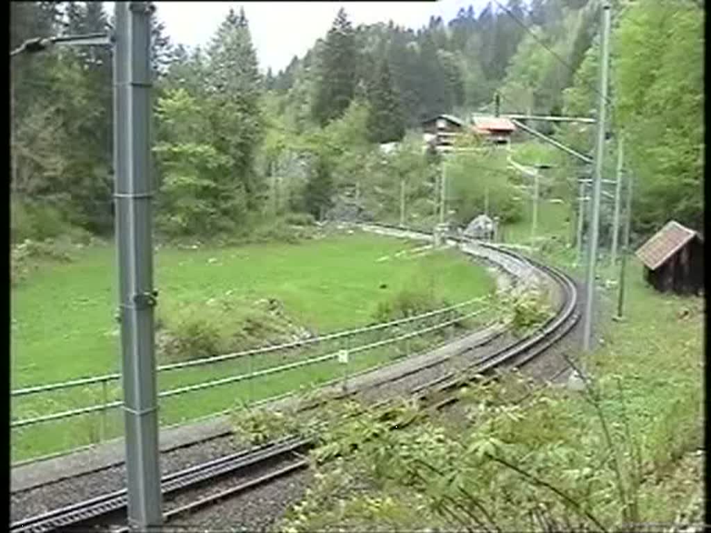 Berner Oberland 2004 (VHS-Archiv) - Im Zahnstangenabschnitt zwischen Giswil und Brnig Hasliberg ist am 21.05.2004 die HGe 4/4 II 101 961-1  Horw  mit einem  Golden Pass Panoramic  bergwrts unterwegs.