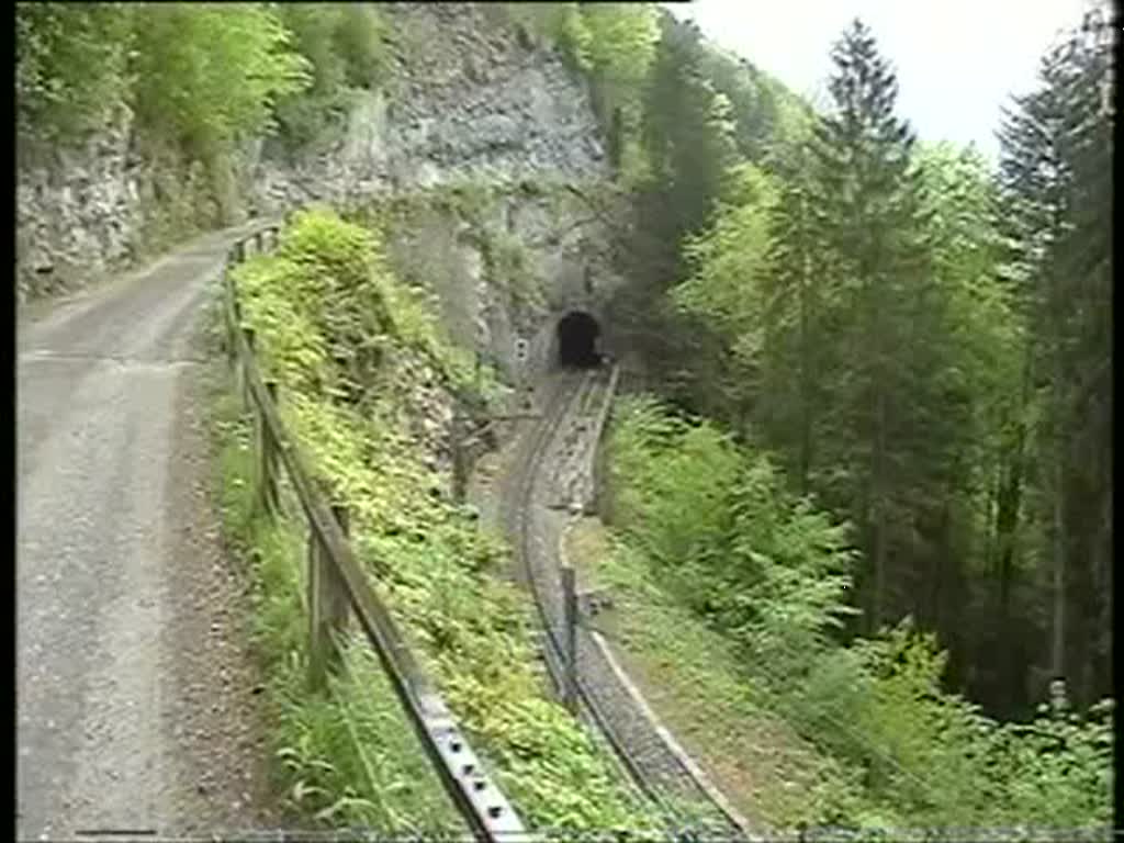 Berner Oberland 2004 (VHS-Archiv) - SBB Brnig 101 961-1  Horw  hat in Meiringen den Golden Pass Panoramic der Gegenrichtung abgeholt und bringt ihn nach Luzern. 2004 kreuzten sich die Zge dieser Linie in Meiringen. Die aus Interlaken kommende Lok bernahm den Zug der Gegenrichtung ebenso wie die aus Luzern kommende. Heute wird wieder in Brnig Hasliberg gekreuzt. Die  Tallok  macht dann in Meiringen eben so lange Pause bis der Zug der Gegenrichtung kommt. 