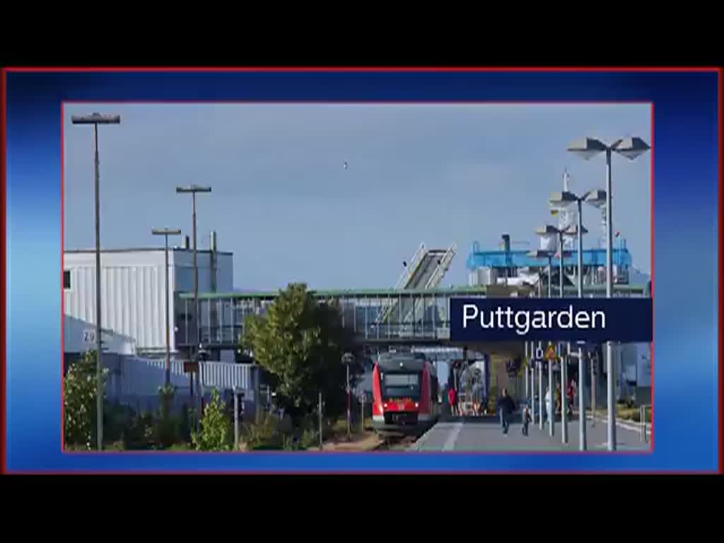 DB Regio  Lint  Triebwagen bei der Ausfahrt im Bahnhof Puttgarden. Auf ihrer Fahrt nach Lübeck zweigen sie auf die Stichstrecke zum Haltepunkt Burg ab, dort wird der Führerstand gewechselt und die Stichstrecke wieder verlassen. - 19.06.2014