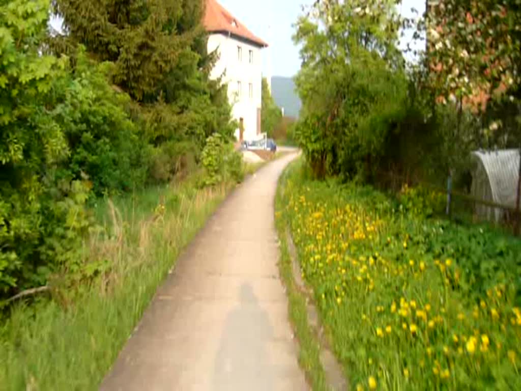 Den Bahnsteig des ehemaligen Hp Rudolstadt-Schwarza West kann man heute als Fu- und Radweg nutzen. Wre bis Mai 2000 verboten gewesen... (30.04.2009)