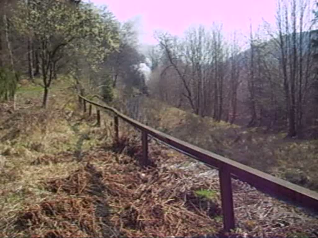 Der 2. Brockenzug an diesem Tag ist hier an einem Waldweg in der Kurve vor dem Tunnel der HSB zu sehen. 3.April 2007 10:49