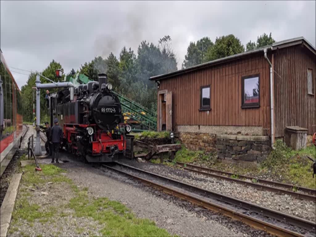 Die 99 1772 der Fichtelbergbahn rangiert am 24.09.2021 im Bahnhof Cranzahl.