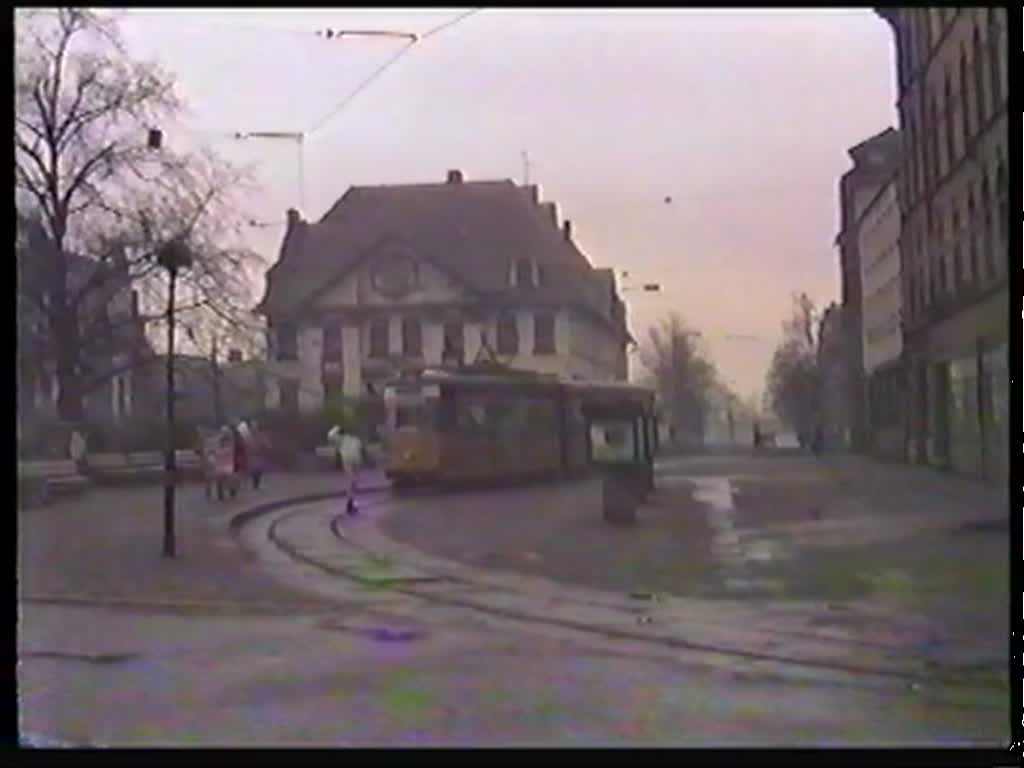 Die Linie 1 der Straenbahn in Nordhausen am 3. Mrz 1990.