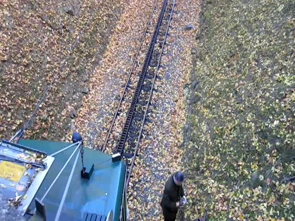 Ein historischer Elektrotriebwagen fhrt auf der Zahnradstrecke
der Drachenfelsbahn am 30.10.09.