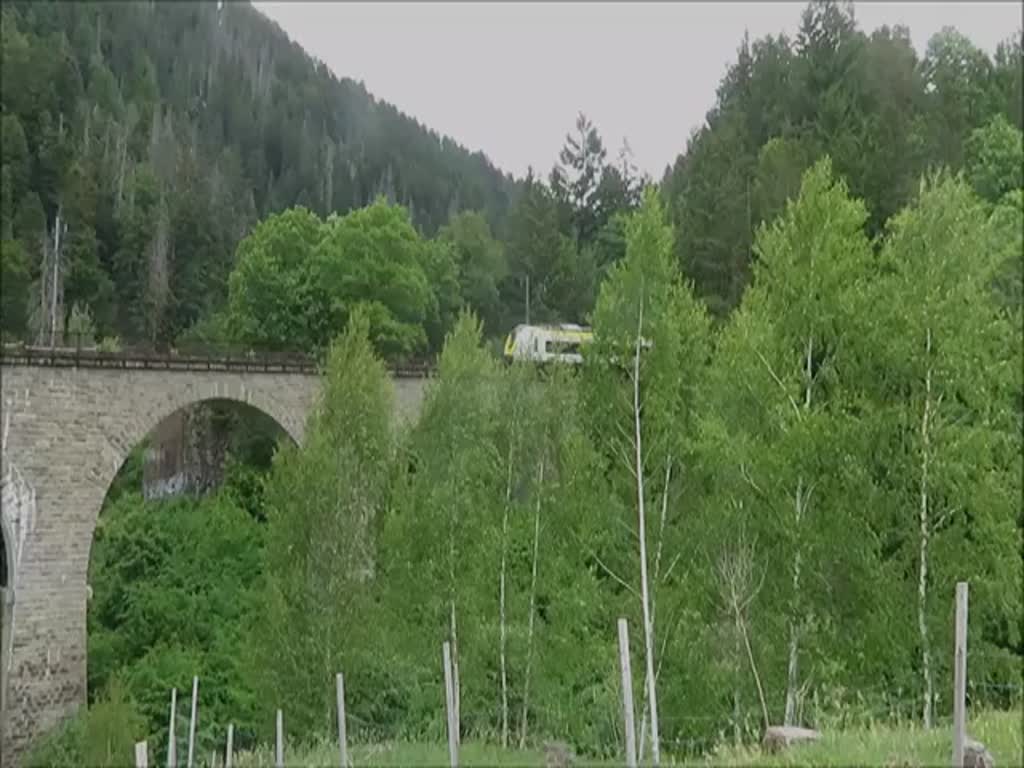 Eine Dreifachtraktion von Coradia Continental 2 fährt als S1 nach Breisach über die Ravennabrücke (Viadukt über die Ravennaschlucht) am 2. ‎Juni ‎2022.