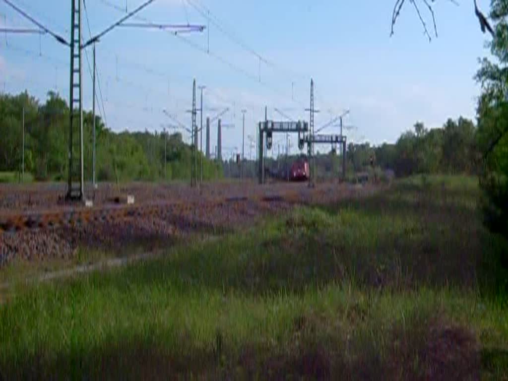 Eine Lok der Baureihe 189 zieht einen Gterzug durch Muldenstein Richtung Berlin. Ihr entgegen kommt ein ICE-T nach Leipzig Hbf.