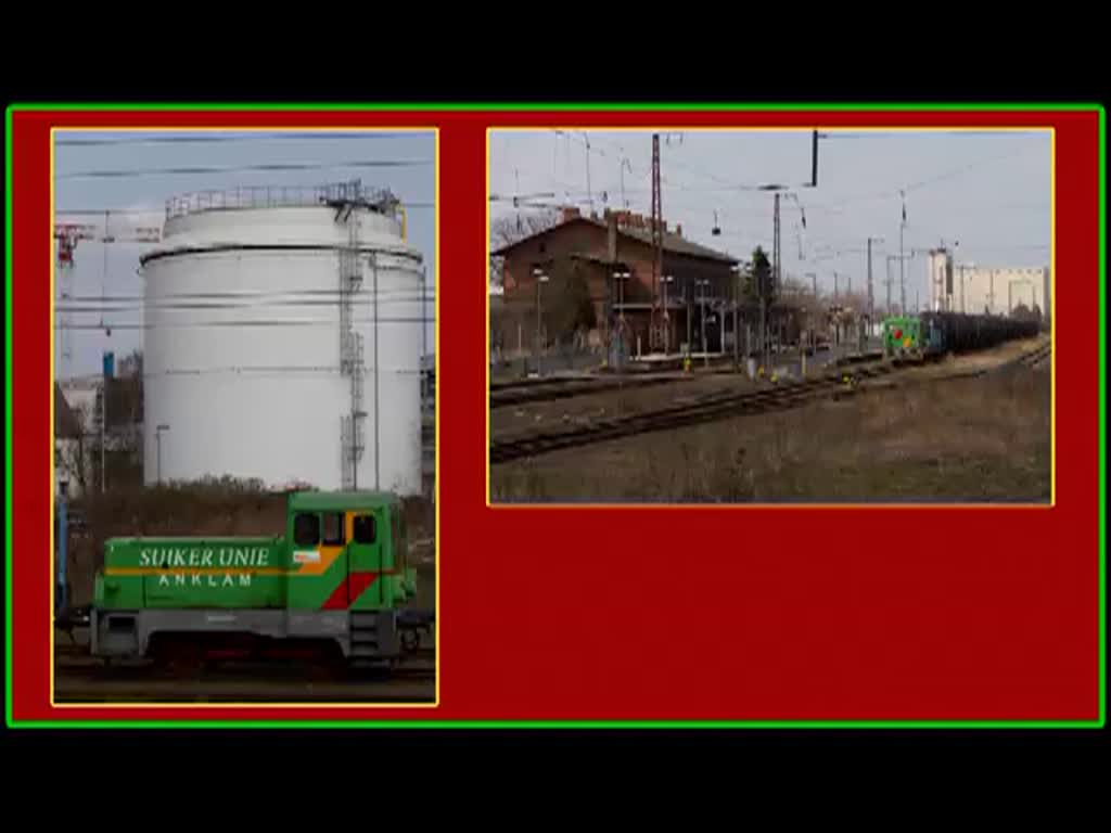 Kesselwagen aus dem Anschluss der Zuckerfabrik in Anklam werden mit einer V 23 auf dem Bahnhof zur Abholung bereitgestellt. - 17.04.2013