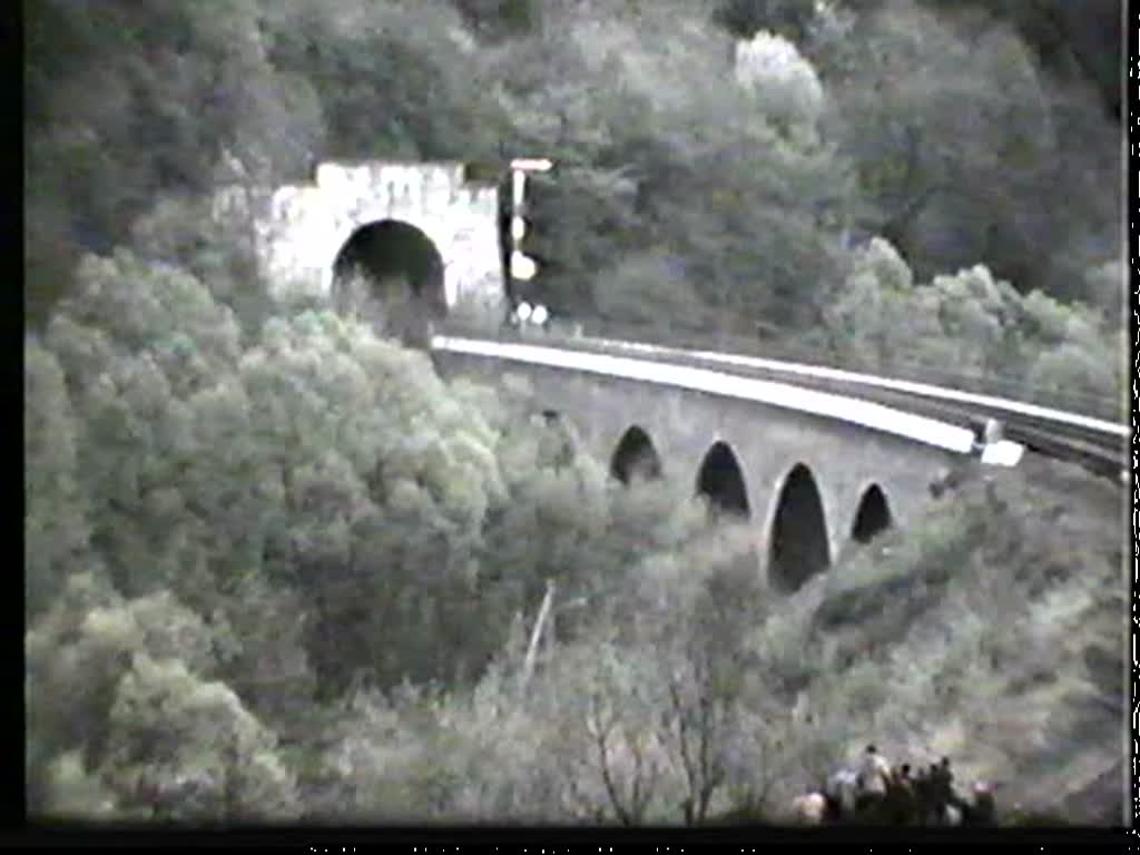 Kurz vor Beendigung des Dampflokeinsatzes bei der DB 1977 gab es mehrere Sonderfahrten durch das obere Ruhrtal. In dieser Szene verlt 044 508 mit ihrem Sonderzug den Arnsberger Tunnel, um in Richtung Neheim-Hsten zu fahren. Die Aufnahme entstand mit einer Super-8 Kamera ohne Ton.