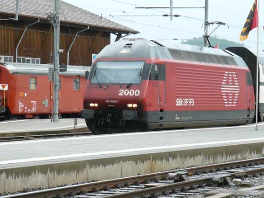 Lok 460 036-7 zieht eine Dostos Komposition aus dem Bahnhof von Spiez in Richtung Thun am 29.07.08