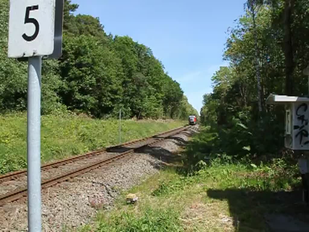 RE 13124 von Tessin nach Wismar passiert den Bahnübergang in Höhe 
Rostock Thierfelder Str.und hat wenig später den Haltepunkt Groß Schwaß erreicht.(02.06.2011)