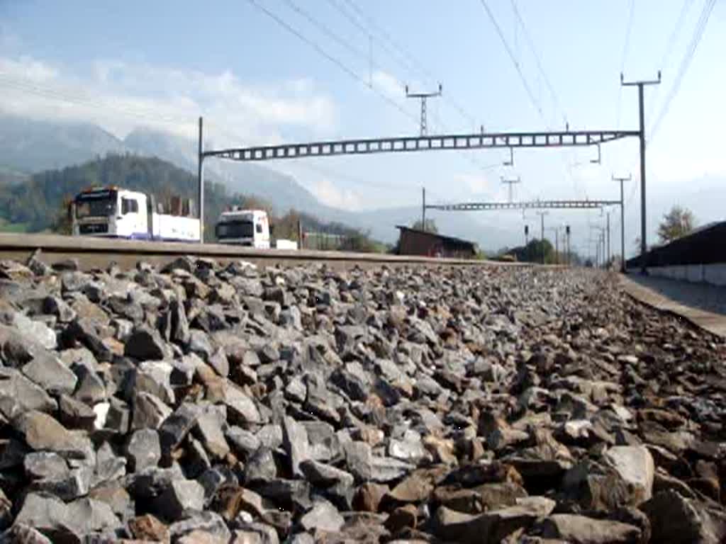 Re 4/4 II mit Bauzug bei der Durchfahrt in Steinen am 08.10.2007