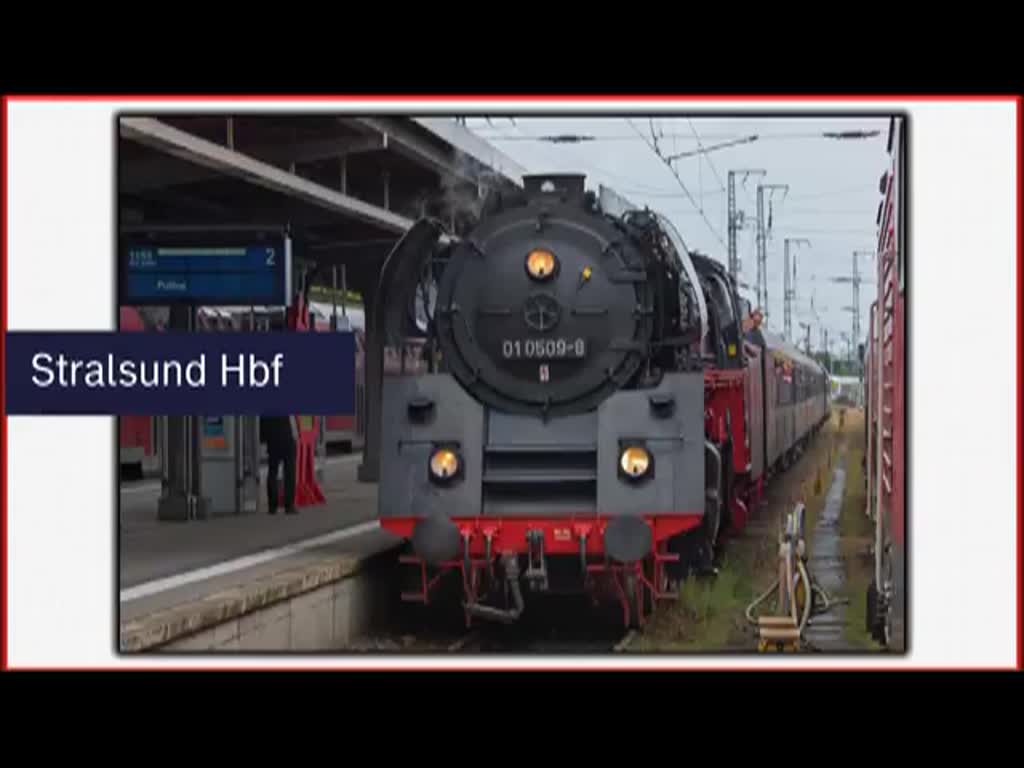 Sonderzug mit den Lok's der Baureihen 01 und 118 kommen im Hauptbahnhof Stralsund an und fahren anschliessend zum Bahnhofsfest in Putbus weiter. Auf der Rückfahrt von Putbus in Richtung Berlin wurde der Zug in Nähe des Rügendamms und auf dem Bahnhof Stralsund Rügendamm aufgenommen. - 14.06.2014
