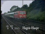 111 117 erzeugt mit dem Stromabnehmer bei ca 140 Km/h eine lange Wasserfontne.
Durchfahrt Bf. HA-Haspe Ri.Dsseldorf. Aufn.2001