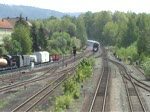 Einfahrt der 01 509 mit dem Zug der Schwarzenberger und Berliner Eisenbahnfreunde am 22.05.2010 in Neuenmartkt - Wirsberg beim Dampf-Festival 2010 .