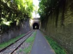 Deutschland, Rheinland-Pfalz, Fahrraddraisinenbahn Altenglan - Meisenheim - Staudernheim. Video der eingleisigen Draisinenbahn, des Radweges auf dem anderen Teil der Bahntrasse,des Meisenheimer Tunnels von Süden nach Norden, des Stellwerkes,des Bahnhofs, der beiden abgestellten Güterwagen sowie einer Draisine in Fahrtrichtung Süden. 03.07.2014