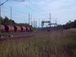 Eine Lok der Baureihe 152 zieht einen Güterzug in Richtung Berlin durch Muldenstein und überholt eine dort abgestellte 155 mit ihrem Güterzug.