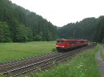 Zwei BR 155 und eine BR 139 fahren als kurzer Lokzug am 18. Juni 2008 die Frankenwaldrampe hinauf. Die Aufnahme entstand zwischen Förtschendorf und Steinbach am Wald.