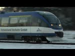 Winterliche Fahrt der Ola auf freier Strecke in Richtung Ueckermnde Stadthafen und bei der Ausfahrt in Torgelow Richtung Pasewalk.