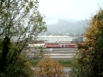 Eine blutorange BR 1044 und eine BR 1116 fahren mit einem GZ am 25.10.2008 in Bludenz ein.