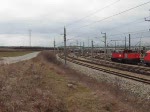Eine Railjet-Garnitur auf dem Weg nach Budapest und eine Regionalverkehrs-Garnitur der Baureihe 4024 ( Talent ), welche zum Ostbahnhof unterwegs war, begegneten einander am 28.2.2009 auf dem