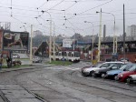 Einfahrt einer Straenbahn in Szczecin. Im Hintergrund sieht man den Bahnhof Szczecin Głwny