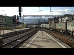Schweiz 2012 - Paralelleinfacht zweier InterCity, jeweils aus Interlaken links und Brig rechts, im Bahnhof Spiez am 21.6.2012