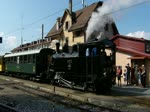 Dampflok HG 3/4  B.F.D.3, Bj 1914, verlsst mit ihrem Zug den Bahnhof von Blonay in Richtung Vevey.
Museumsbahn Blonay - Chamby am 27.05.2012. 