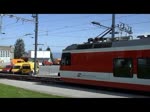 Der Zug der RHB Rorschach - Heiden Bergbahn macht sich am 27.4.2012 von Heiden aus wieder auf den Rückweg nach Rorschach.